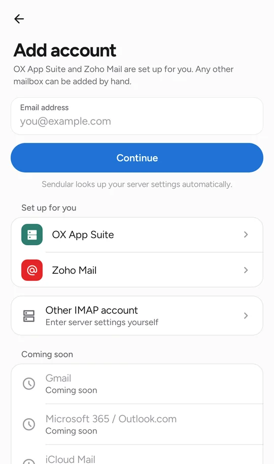 Add account screen with one-tap setup for OX App Suite and Zoho Mail, and manual IMAP setup.