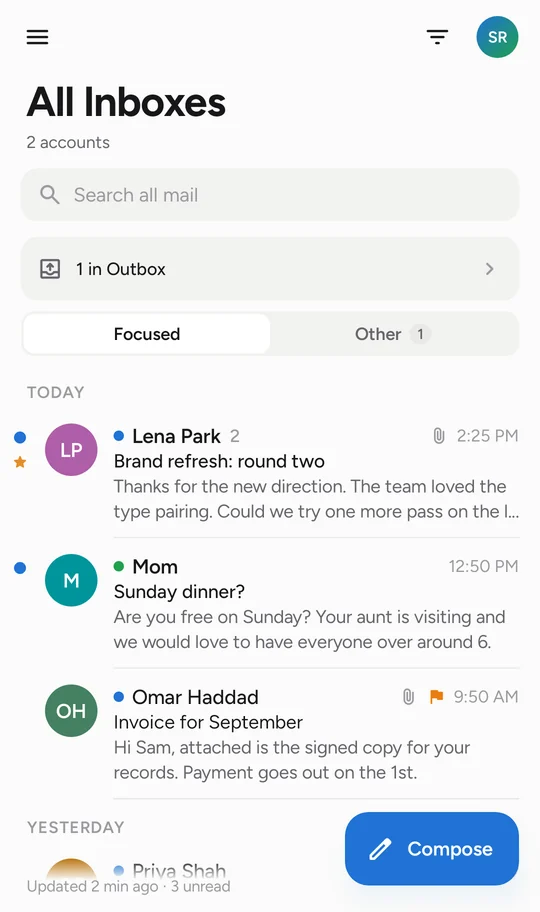 All Inboxes with mail from two accounts, split into Focused and Other.