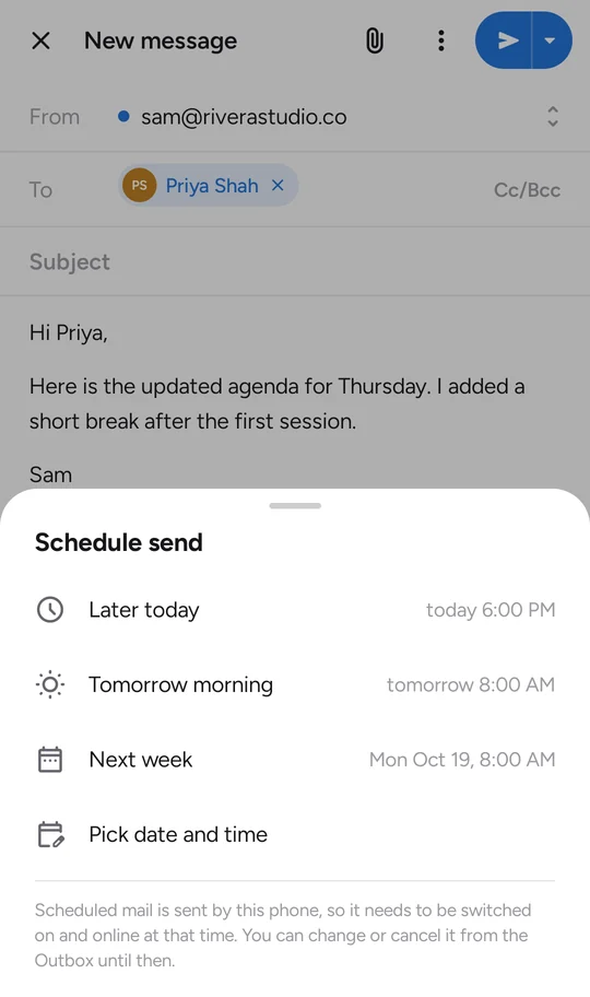 A new message with the Schedule send options: later today, tomorrow morning, next week, or a set time.
