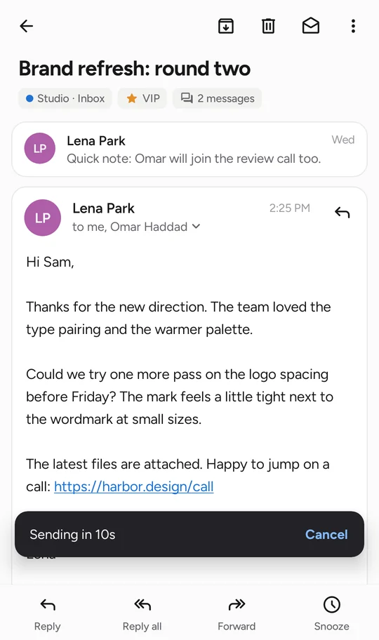 An open email in Sendular, a reply about a brand refresh, with the message bar along the bottom.