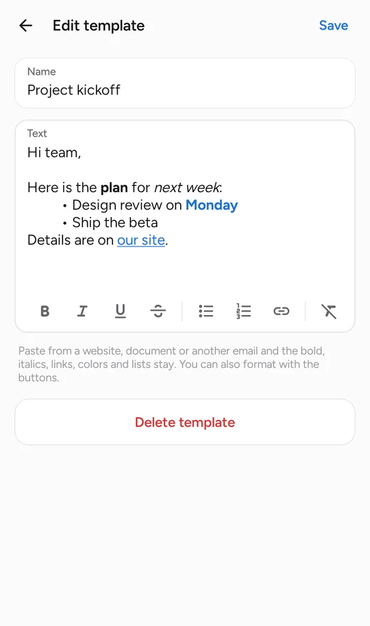 Editing a template with bold, italics, a bulleted list and a link, plus formatting buttons.