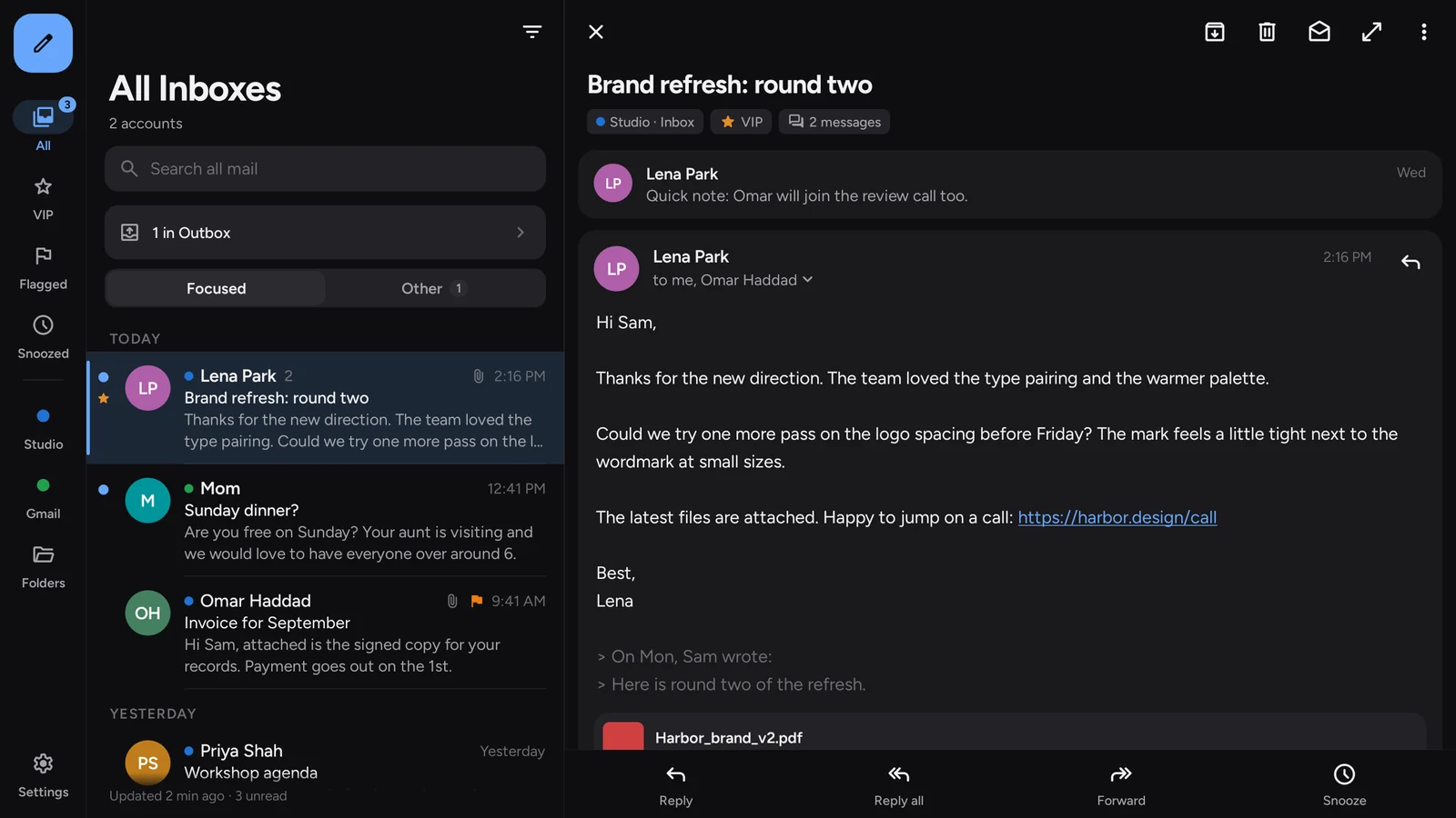 The same two-pane layout in dark mode.