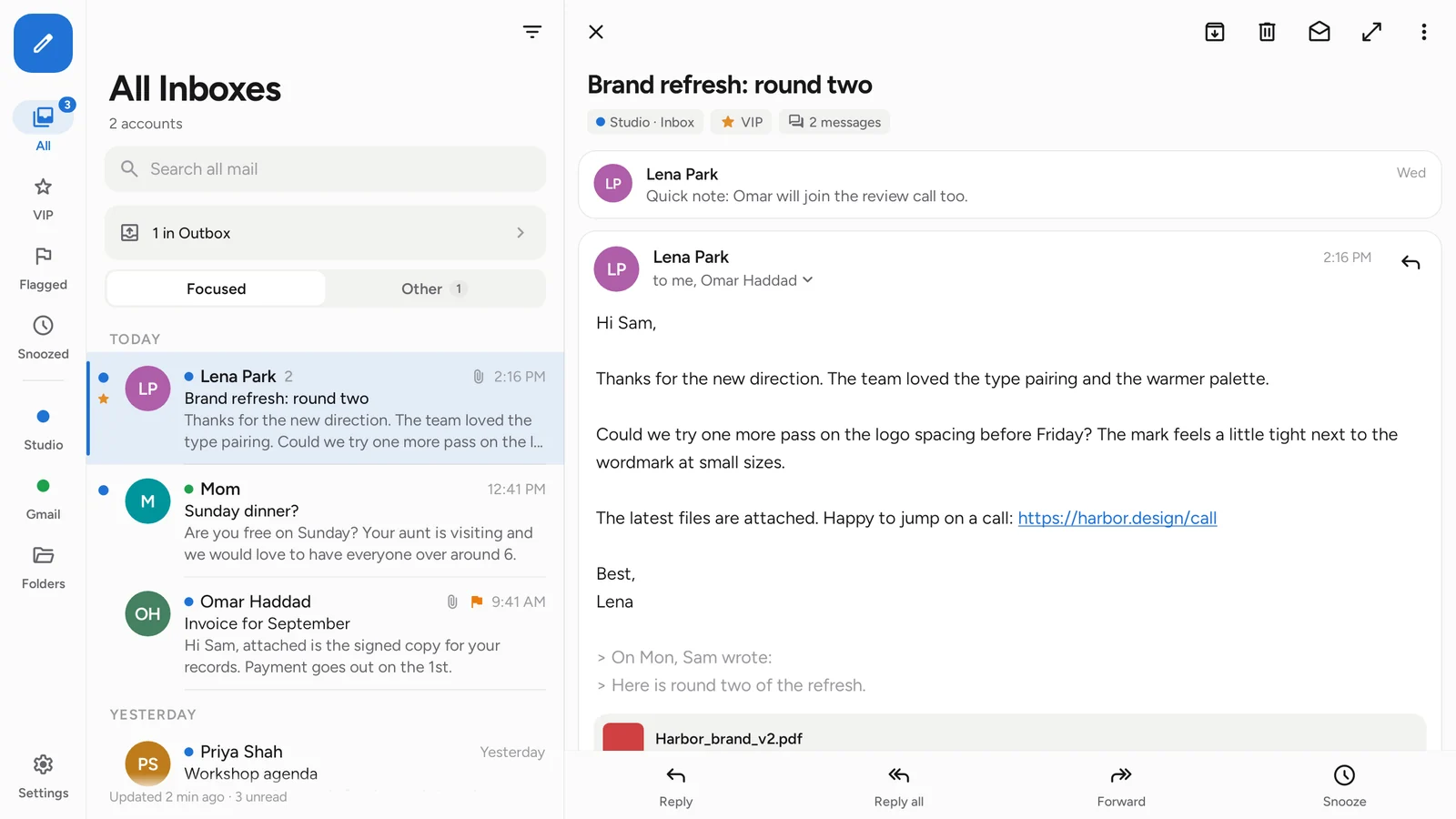 Sendular on a wide screen: the inbox on the left and an open message on the right.
